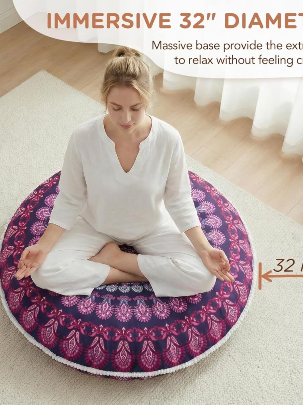 Meditation Floor Pillow Set of 2, Round Large Pillows Seating for Adults, Bohemi - Picture 2 of 9